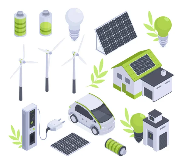 同位体グリーンエネルギー 3D代替エネルギー源 ソーラーパネル 電気自動車 風力発電機 太陽電池ベクトル図セット 再生可能エネルギーの要素収集 — ストックベクタ