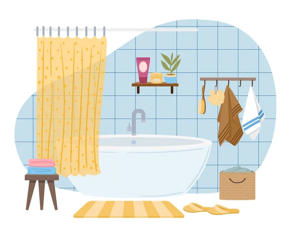 Cartoon Badezimmerausstattung Moderne Möbel Badewanne Topfpflanzen Und Teppich Gemütliche Waschraum — Stockvektor
