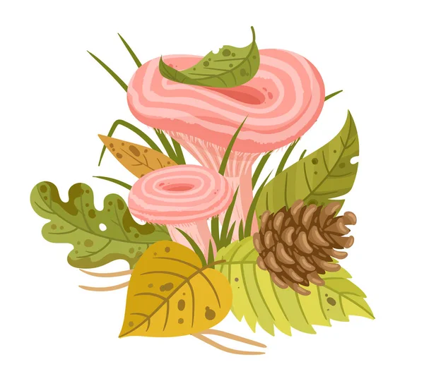 漫画の森キノコ 葉や草で食用植物 秋の季節の森キノコフラットベクトルイラスト 葉を持つ秋のウェーブレット植物 — ストックベクタ