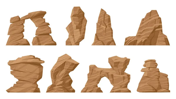 砂漠の岩 砂の石の峡谷の要素 漫画砂漠の岩の風景は 自然の茶色の割れ山の断片フラットベクトルシンボルコレクション ウェスタン キャニオン ロック セット — ストックベクタ