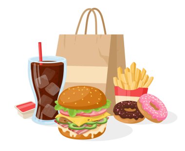 Çizgi film fast food konsepti, peynirli burger, patates kızartması ve gazoz. Abur cubur menüsü, kızarmış et ve peynirli hamburger ve yassı patates çizimi. Paket yemek sahnesi