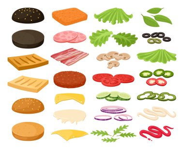 Hamburger malzemeleri, sebzeler, çörek ve köfte. Çizgi film fast food, burger ve sandviç üreticisi, ızgara et, dilimlenmiş sebzeler ve sos düz vektör çizim seti. Hamburger malzemeleri.