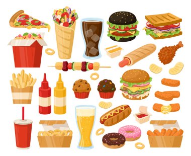 Çizgi film abur cuburu, pizza, shawarma, hamburger ve patates kızartması. Restoran yemeği, kızarmış tavuk, sosisli ve gözleme düz vektör illüstrasyon koleksiyonu. Atıştırmalıklar ve içecekler hazır.