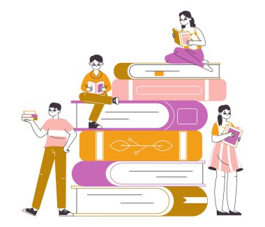 Kitap yığını, edebiyat severler. İnsanlar kitap okuyor, eğlendiriyor ve eğitici kitap fuarı düz vektör illüstrasyonu yapıyor. Edebiyat hayranları konsepti