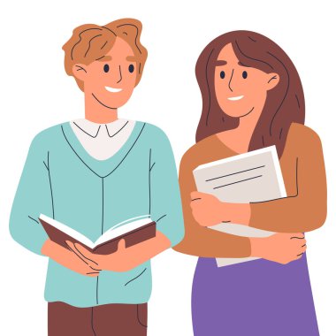 Üniversite öğrencileri kitap okuyor, kitapları olan insanlar. Eğitim literatürünü elinde tutan lise öğrencileri, beyaz arka planda izole edilmiş düz vektör illüstrasyonunu inceleyen genç çift.