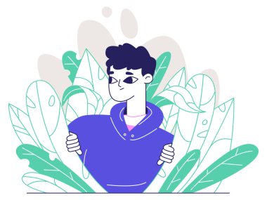 Meraklı casus, röntgenci ve araştırmacı. Genç adam gizlice çalılıklardan dışarı bakıyor, beyaz arka planda izole edilmiş düz vektör çizimlerini gözlemliyor.