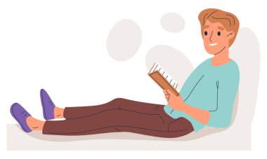 Kitap okuyan bir adam, elinde kitap olan bir edebiyat aşığı. Konforlu konumda kitap kurdu okuma beyaz arkaplan üzerinde izole düz vektör ilülasyonu