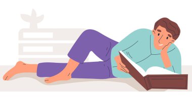 Okuyan adam, elinde kitapla edebiyat aşığı. Beyaz arkaplanda izole edilmiş düz vektör resimleme konforunda erkek karakter okuma kitabı