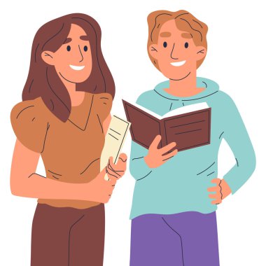 Kitap okuyan öğrenciler, lise ya da üniversite öğrencileri. Eğitim literatürünü elinde tutan insanlar, beyaz arka planda izole edilmiş düz vektör resimlerini okuyan genç çift.