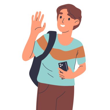 Akıllı telefonlu genç adam, el sallayan neşeli adam. Cep telefonu kullanıcısı, genç sosyal sohbeti beyaz arka planda izole edilmiş düz vektör çizimi