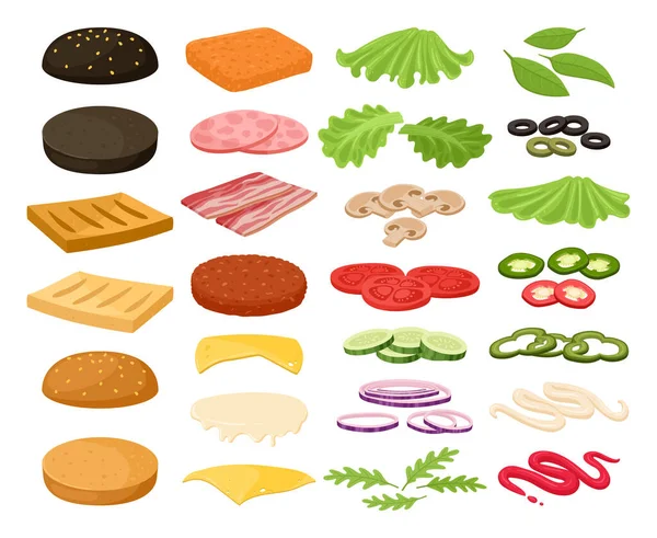 Ingrédients Pour Hamburgers Légumes Pain Galettes Viande Cartoon Fast Food — Image vectorielle