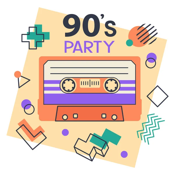 stock vector Audio and stereo 90s music tape sticker. Retro 80s cassette tape, disco party badge, pop culture song tape isolated flat vector illustration on white background