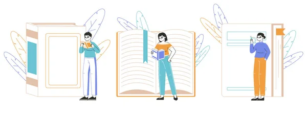 Mensen Die Literatuur Lezen Boekenliefhebbers Personages Studeren Man Vrouw Lezen — Stockvector