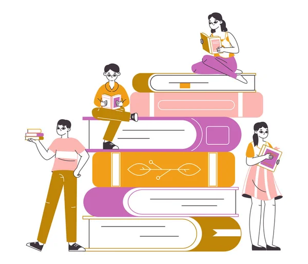 Bücherstapel Literaturliebhaber Die Leute Lesen Bücher Unterhaltsame Und Lehrreiche Buchmessen — Stockvektor