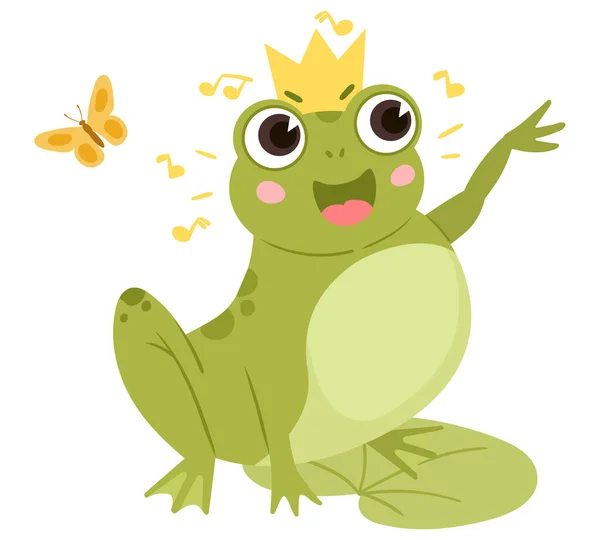卡通绿色青蛙在皇冠坐在池塘里 天然栖息地中可爱的两栖动物 池塘中的青蛙 水百合 白色背景上孤立的平面病媒图解 — 图库矢量图片
