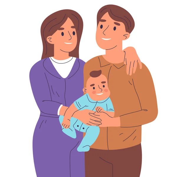 Kreskówkowa Mama Tata Noszący Noworodka Szczęśliwi Młodzi Rodzice Rodzina Cute — Wektor stockowy