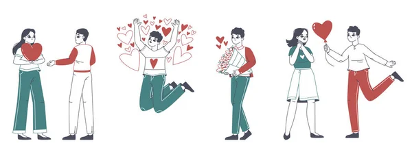 Веселі Романтичні Люди Любові Діляться Дарують Серця Любовний Обмін День — стоковий вектор