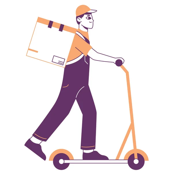 stock vector Delivery service worker driving kick scooter. Courier character receiving parcels isolated flat vector illustration on white background