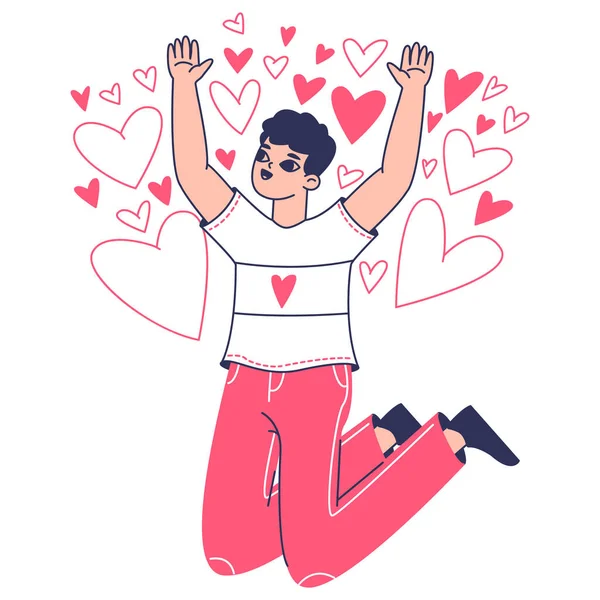 恋に幸せな男は ロマンチックな文字をジャンプします 人の愛の白い背景に赤いハートフラットベクトルイラストに囲まれて下落した バレンタインデーシーン — ストックベクタ