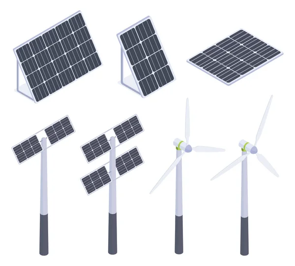 Isometric Mavi Güneş Panelleri Alternatif Eko Yeşil Enerji Yenilenebilir Enerji — Stok Vektör