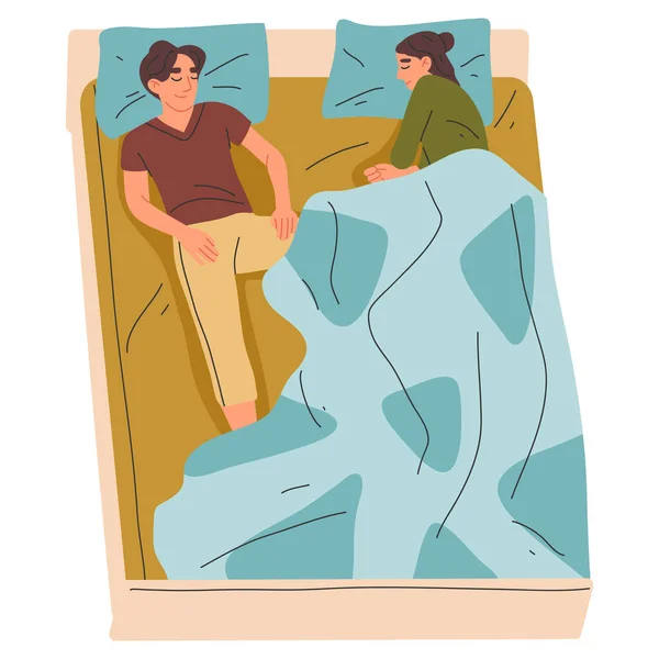 Yatakta Uyuyan Insanlar Dinlenen Karakterler Yorgun Çift Battaniyelerin Altında Beyaz — Stok Vektör