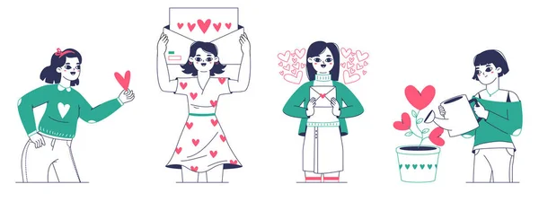 사랑하는 로맨틱 여자들 마음을 나누고 사랑을 나누는 발렌틴 메시지 삽화를 — 스톡 벡터