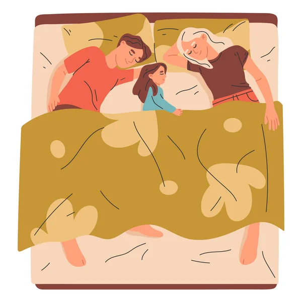 Спящая Семья Лежит Постели Одеялами Спящих Персонажей Пара Детьми Отдыхающими — стоковый вектор