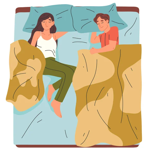 Yatakta Yatan Insanlar Uyuyan Yorgun Karakterler Çift Yatakta Dinleniyor Beyaz — Stok Vektör
