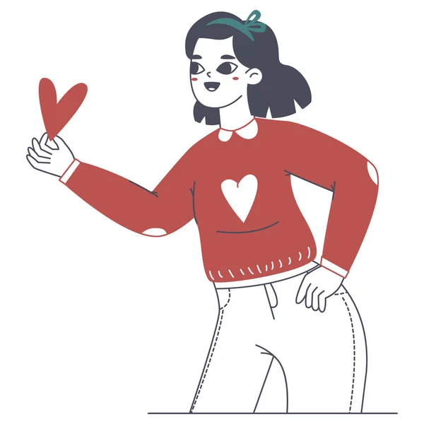 Mujer Llevando Dando Corazones Chica Feliz Romántica Compartiendo Amor Cuidado — Vector de stock