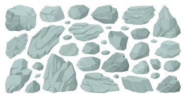 Çizgi film granit kayaları, gri çakıl taşları, kaya kayaları. Granit taşlar, dağ taşı yığını beyaz arkaplanda düz vektör çizimi