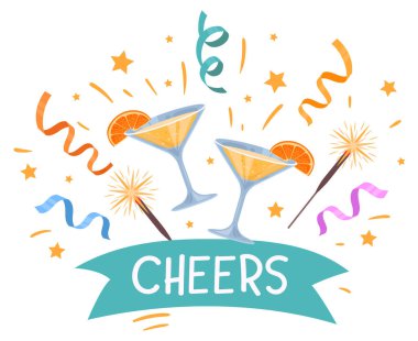 Karikatür mutlu yıllar parti rozetleri, HB şenlik unsurları. Doğum günü hediyeleri, balonlar ve mumlar beyaz arkaplanda düz vektör çizimleri