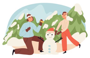 Noel arifesi, kış tatili insanları. Xmas partisi şenlik hazırlığı ve kış aktiviteleri beyaz arka planda düz çizgi film vektör çizimi