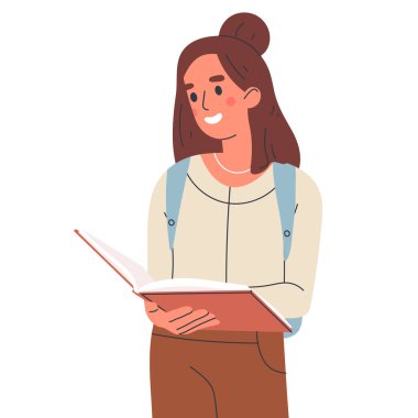 Üniversite ya da lise öğrencisi. Eğitim literatürünü elinde tutan genç bir kadın, genç bir öğrenci beyaz arka planda düz vektör çizimini izole etti