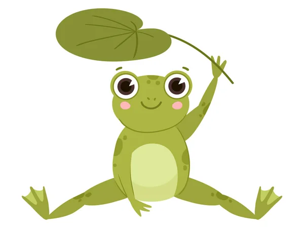 卡通滑稽的青蛙 可爱的青蛙坐在树叶下 白背景下绿色两栖动物 河川静坐水蛙扁平矢量图解 — 图库矢量图片