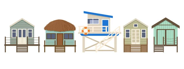 Cabañas Playa Verano Dibujos Animados Casas Playa Bungalow Beach Cabañas — Vector de stock