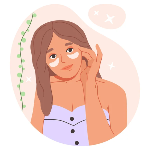 Cartoon Γυναίκα Χρησιμοποιούν Μπαλώματα Ματιών Ομορφιά Ρουτίνα Φροντίδας Του Δέρματος — Διανυσματικό Αρχείο