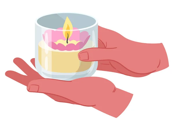 手握舒适的蜡烛 手握卡通人物的蜡烛 假日芳香疗法香蜡蜡烛白色背景下的平面矢量图解 — 图库矢量图片