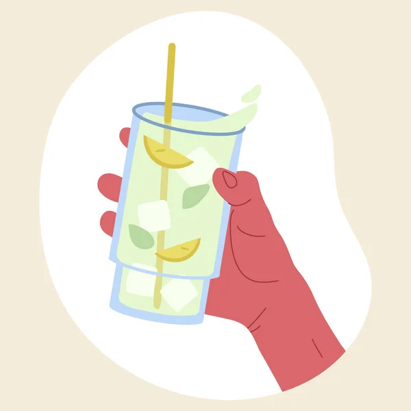 Лимонадное Стекло Руке Минеральная Вода Лимоном Льдом Холодный Освежающий Напиток — стоковый вектор