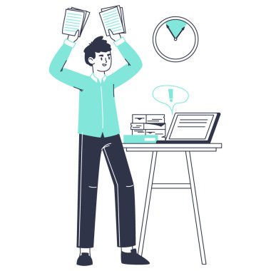 Kızgın, stresli iş adamı. Son teslim tarihindeki ofis çalışanı, kaotik zaman yönetimi beyaz arka planda düz vektör çizimi