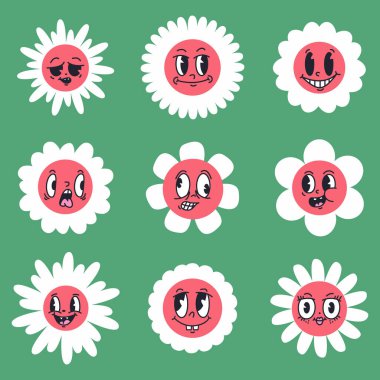 Eski komik yüzlü papatya çiçekleri. Çizgi film komik papatya emojileri, şirin karikatür maskotları beyaz arka planda düz vektör çizimleri.