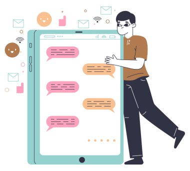Adam akıllı telefon bağımlısı, cep telefonu ekranına takılmış. Sosyal medya, cihaz bağımlılığı, erkek tableti veya telefon bağımlılığı beyaz arka planda doğrusal düz vektör çizimi