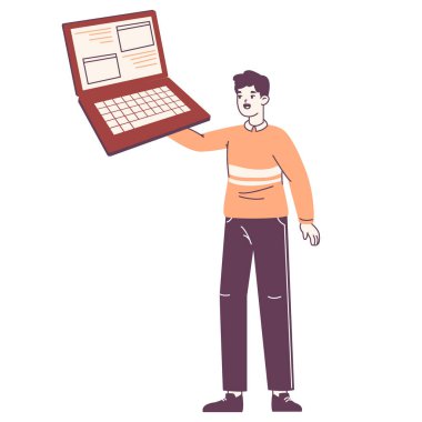 Programcı, bilişim mühendisi elinde kocaman bir laptop tutuyor. Profesyonel kodlayıcı, küçük ofis çalışanı beyaz arka planda büyük bilgisayar düz vektör çizimi taşıyor.