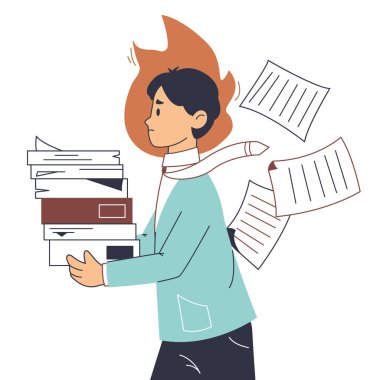 Yoğun stresli kadın, son teslim tarihi konsepti. Erkek ofis çalışanı kötü zaman yönetimi, iş kadını teslim tarihi beyaz arka planda düz vektör çizimi