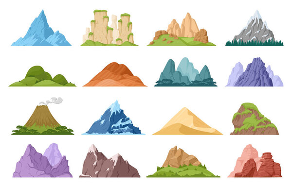 Cartoon mountains, hill tops and mountain snowy peak. Outdoor expedition or hiking, nature landscape mountain silhouette flat vector illustration collection. Rocky range, mountains set