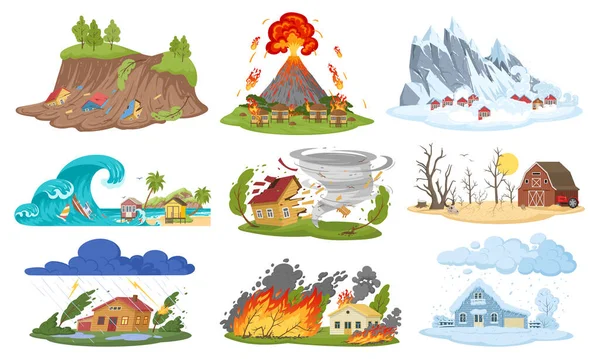 关于自然灾害 洪水和森林火灾的漫画 干旱和暴风雪 环境破坏 扁平病媒图集 自然灾害的收集 — 图库矢量图片