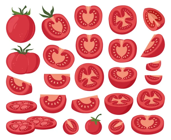 卡通切西红柿 红色蔬菜片 番茄一半 新鲜红番茄片 有机蔬菜配以黄籽扁平的载体图片集 切碎的西红柿 — 图库矢量图片