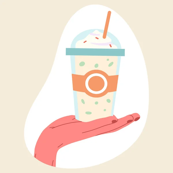 Çizgi Filmdeki Milkshake Bardağını Tutuyor Dondurmalı Soğuk Içecek Insan Eliyle — Stok Vektör