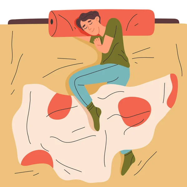 Cartoon Spící Muž Posteli Odpočívající Mužský Znak Noční Scéna Plochý — Stockový vektor