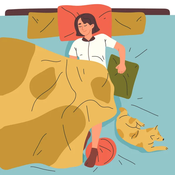 Schlafende Frau Bett Cartoon Ruht Mit Niedlichen Hund Weiblichen Charakter — Stockvektor