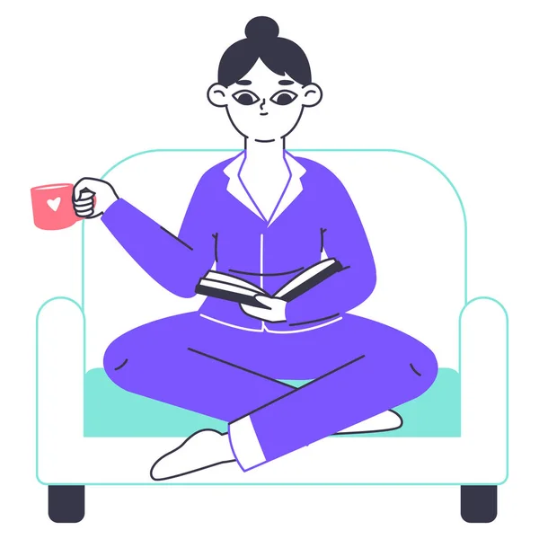 女性は椅子に座って本を読んでいる 読書の女の子 本と文学の恋人 女性の本のファンのキャラクターフラットベクトルイラスト白の背景 — ストックベクタ